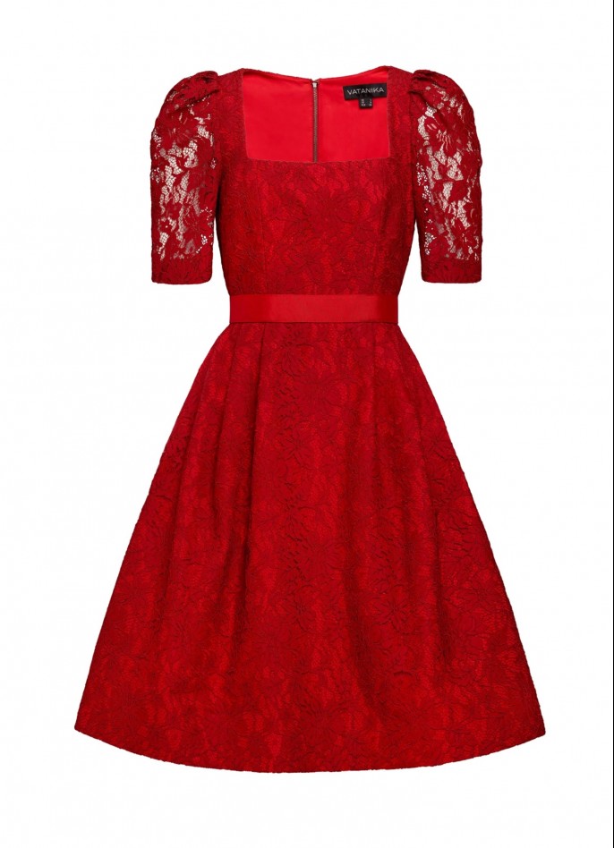 RED LACE AND GROSGRAIN DRESS